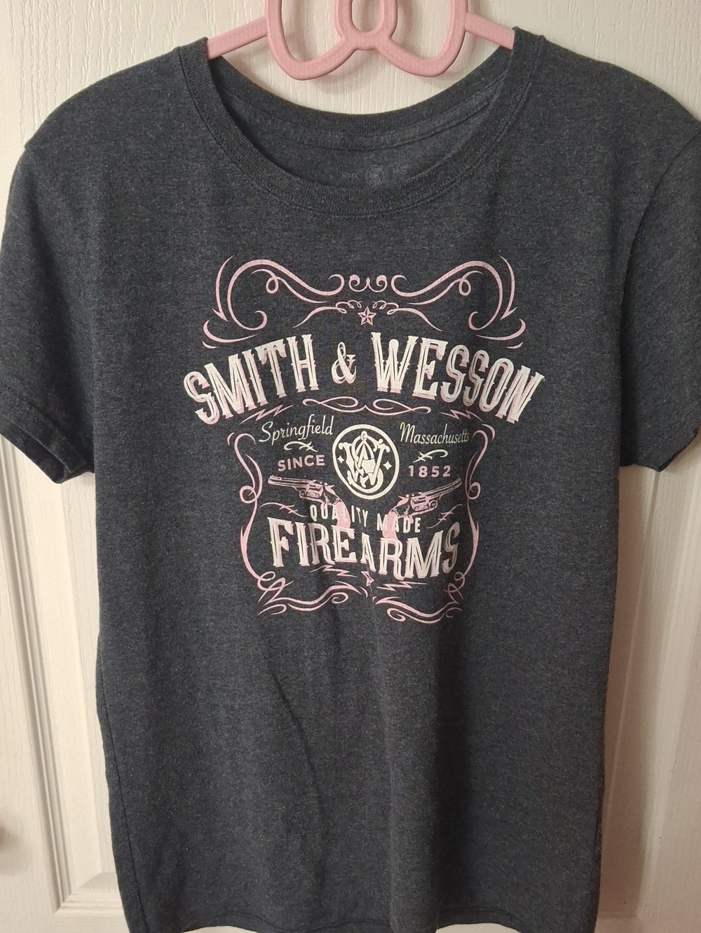 Smith & Wesson Graphic T-Shirt, Charcoal Gray- Pink Accent Size M